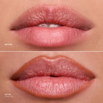 Before and after comparison of lips with a cosmetic product applied.