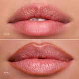 Before and after comparison of lips with a cosmetic product applied.