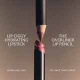 Lipstick and lip pencil with text on a brown background