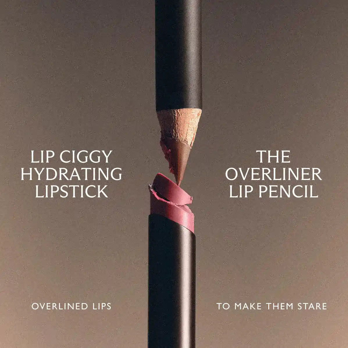 Cowgirl nude lip liner pencil tip pressed against Lip Ciggy hydrating lipstick.
