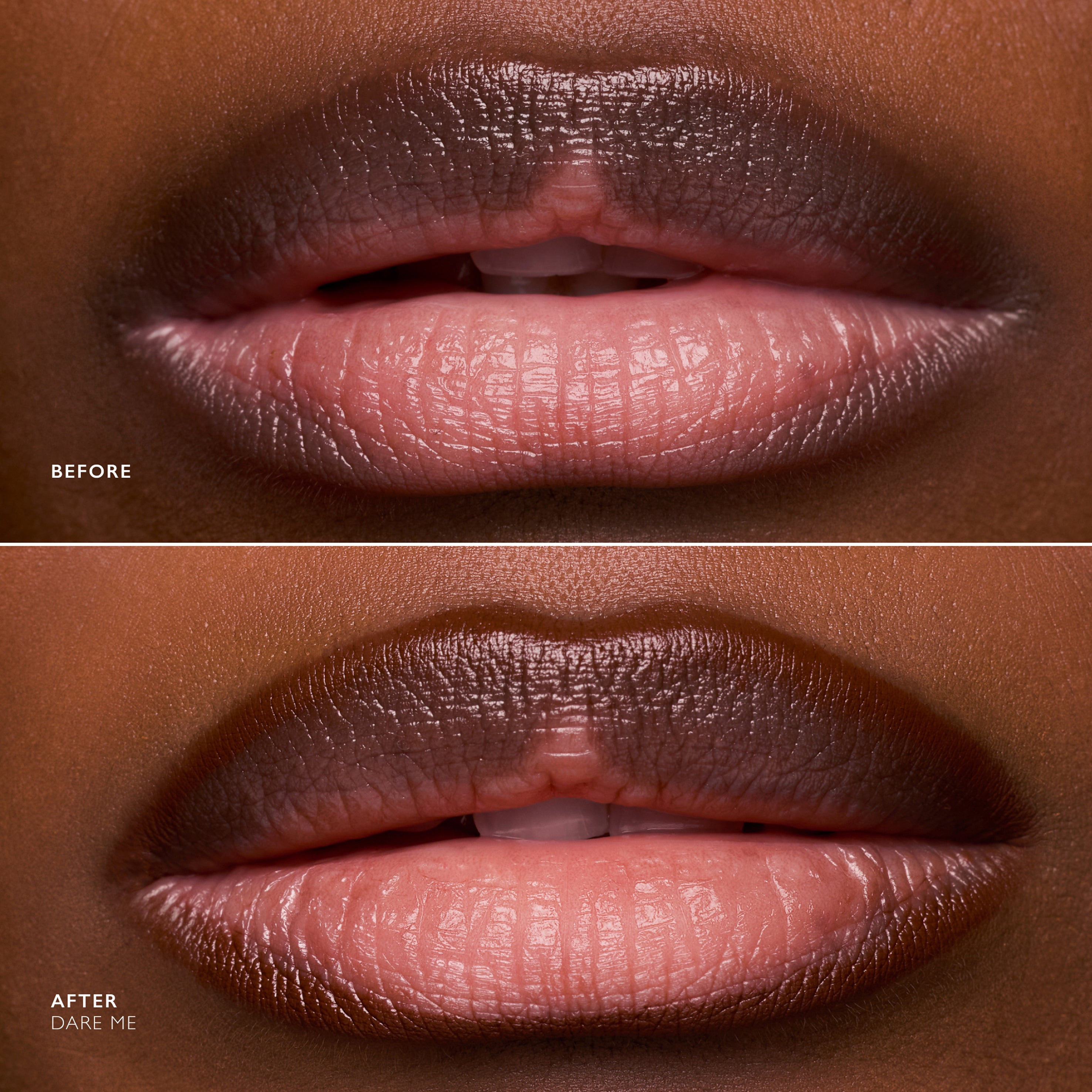 Before and after comparison of lips with a lipstick shade labeled 'Dare Me'.