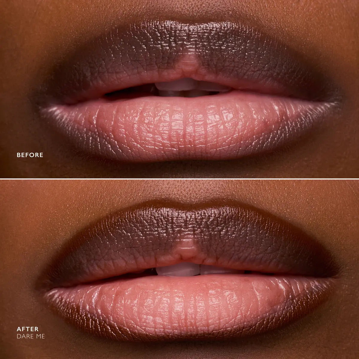 Before and after lip liner comparison showing defined, contoured lips using Dare Me overliner.