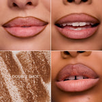 Close-up of a person's lips with a 'Double Shot' label on a textured brown background.