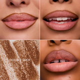 Close-up of a person's lips with a 'Double Shot' label on a textured brown background.