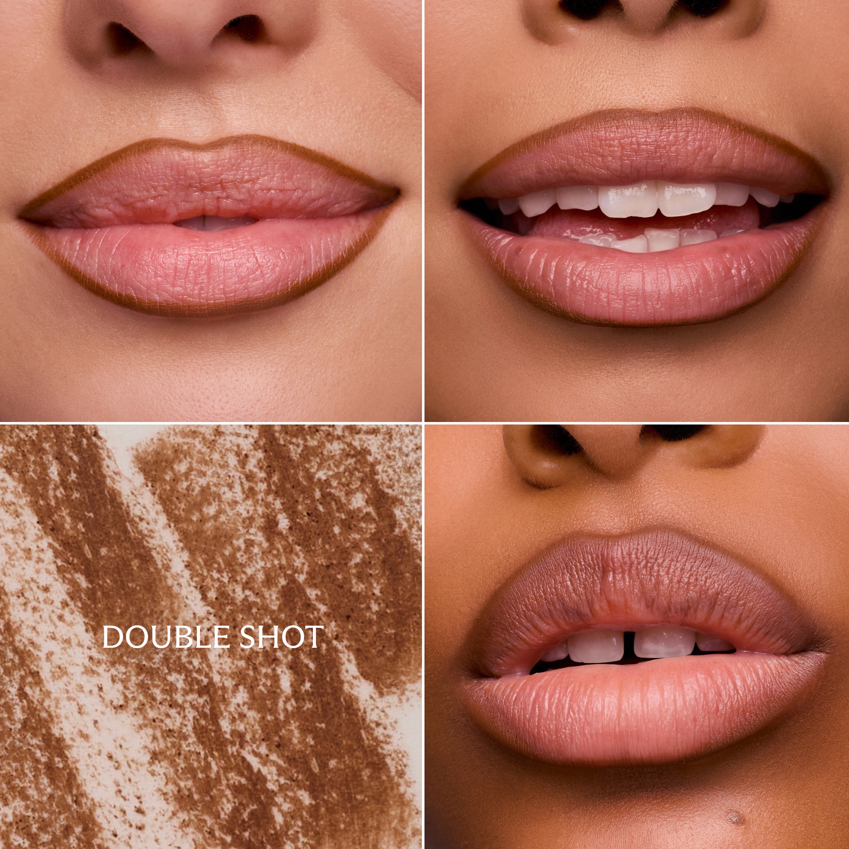 Close-up of a person's lips with a 'Double Shot' label on a textured brown background.