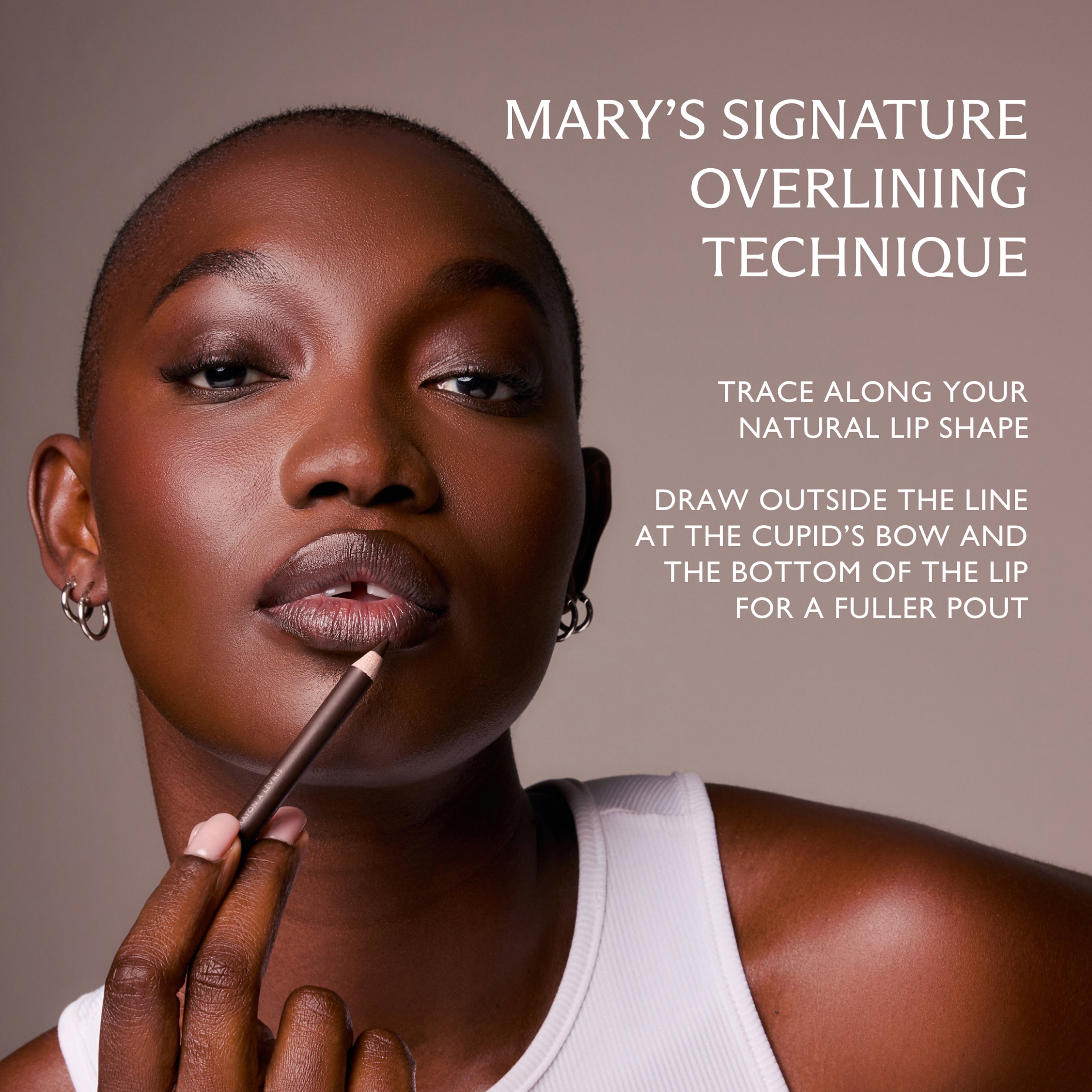 Woman applying lip liner with text on a brown background