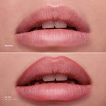 Before and after comparison of lips with a lipstick product applied.