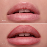 Before and after comparison of lips with a lipstick product applied.