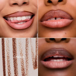 Linger nude lip liner pencil shown on three skin tones with product swatch strokes.