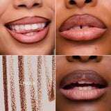 Linger nude lip liner pencil shown on three skin tones with product swatch strokes.