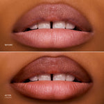 Before and after comparison of lips with a lipstick product applied.