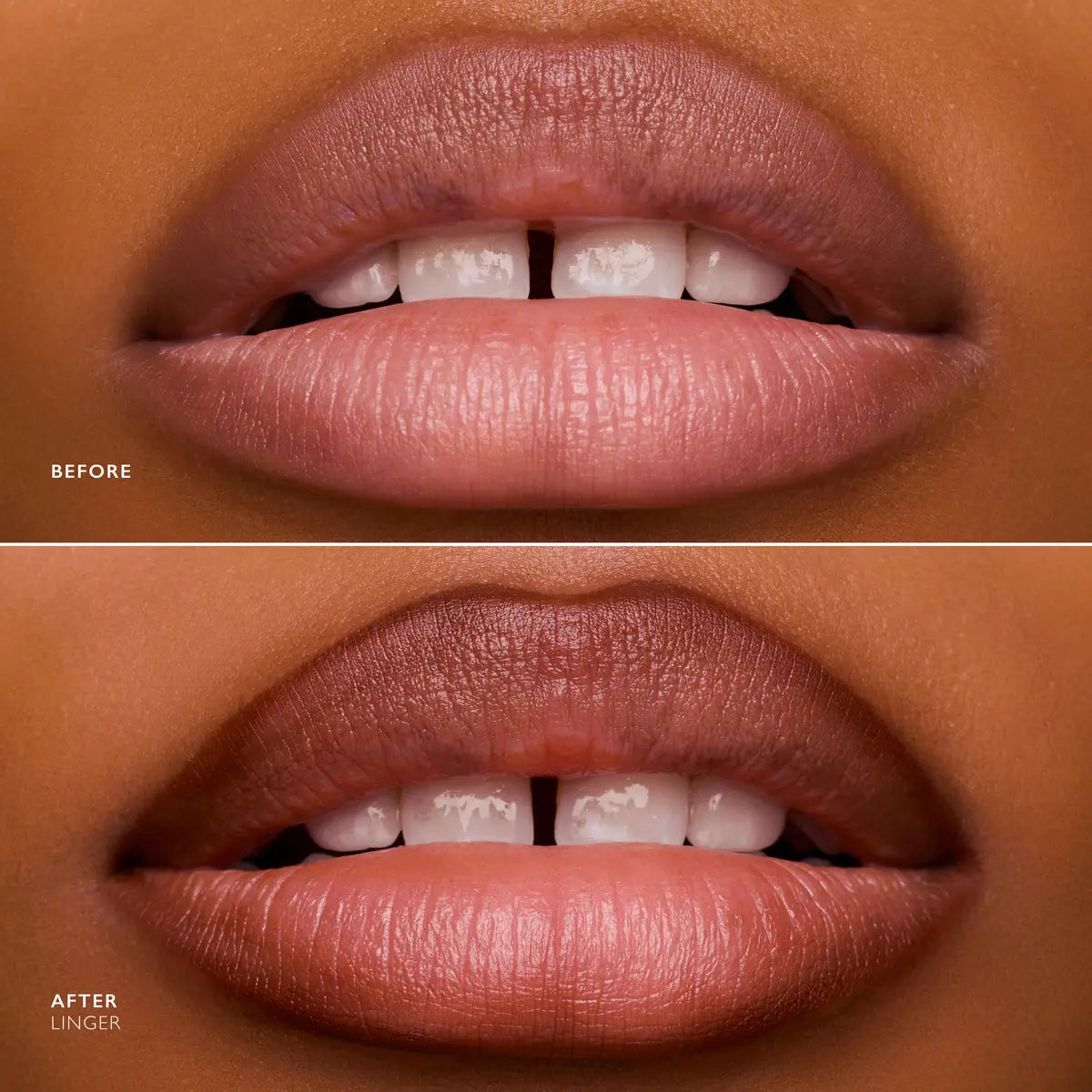 Before and after lips showing The Overliner in Linger, a nude lip liner defining fuller shape.