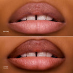 Before and after lips showing The Overliner in Linger, a nude lip liner defining fuller shape.