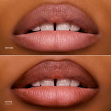 Before and after lips showing The Overliner in Linger, a nude lip liner defining fuller shape.