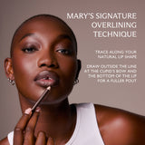 Woman applying lip liner with text on a brown background
