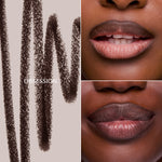 Lipstick swatch and application on a model with 'OBSSESSION' swatch.