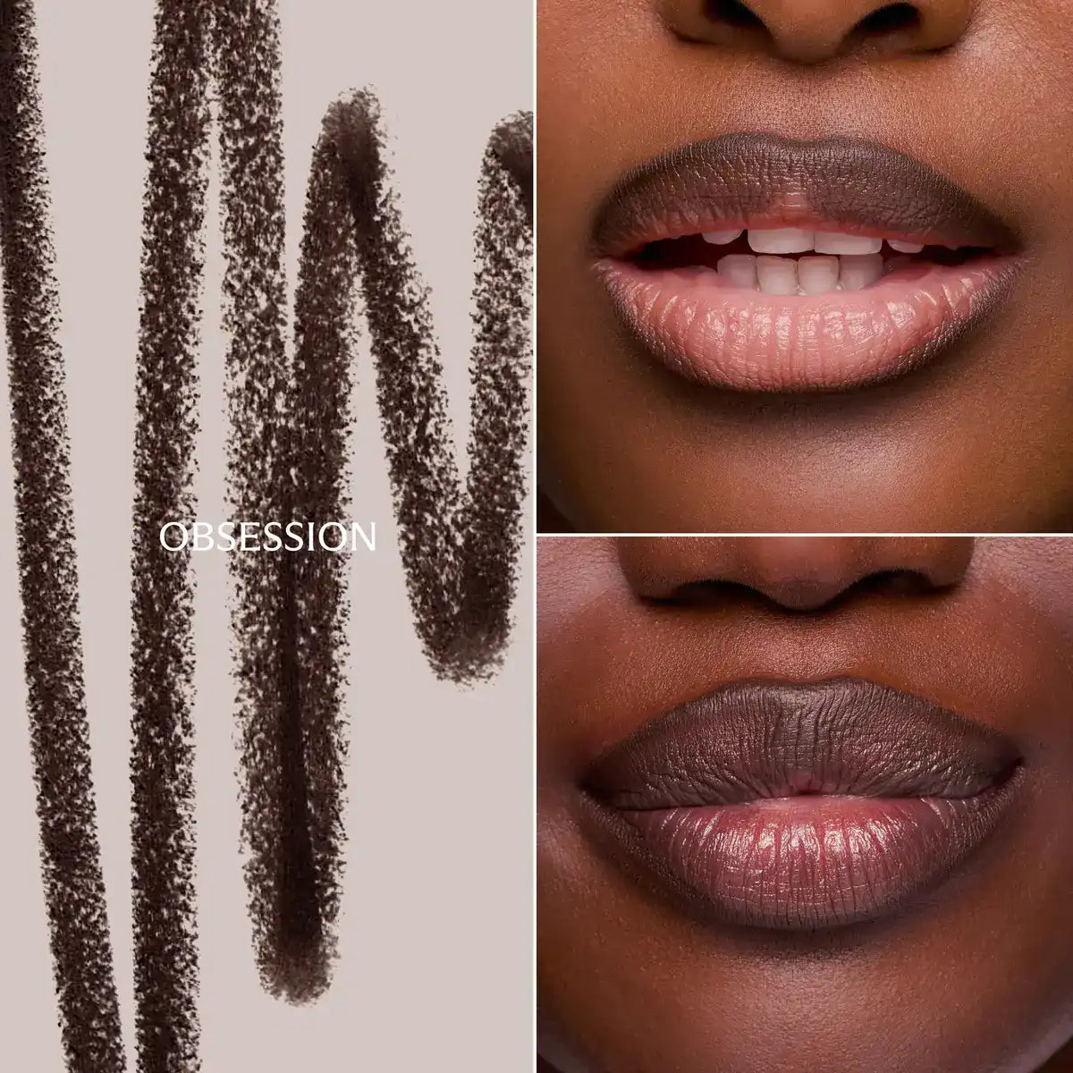 Obsession deep brown lip liner swatches beside two lip looks lined and contoured.