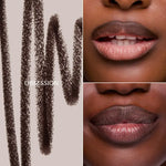 Obsession deep brown lip liner swatches beside two lip looks lined and contoured.