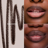 Obsession deep brown lip liner swatches beside two lip looks lined and contoured.