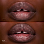 Before and after comparison of lips with a lipstick shade labeled 'Obsession'.