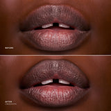 Before and after comparison of lips with a lipstick shade labeled 'Obsession'.