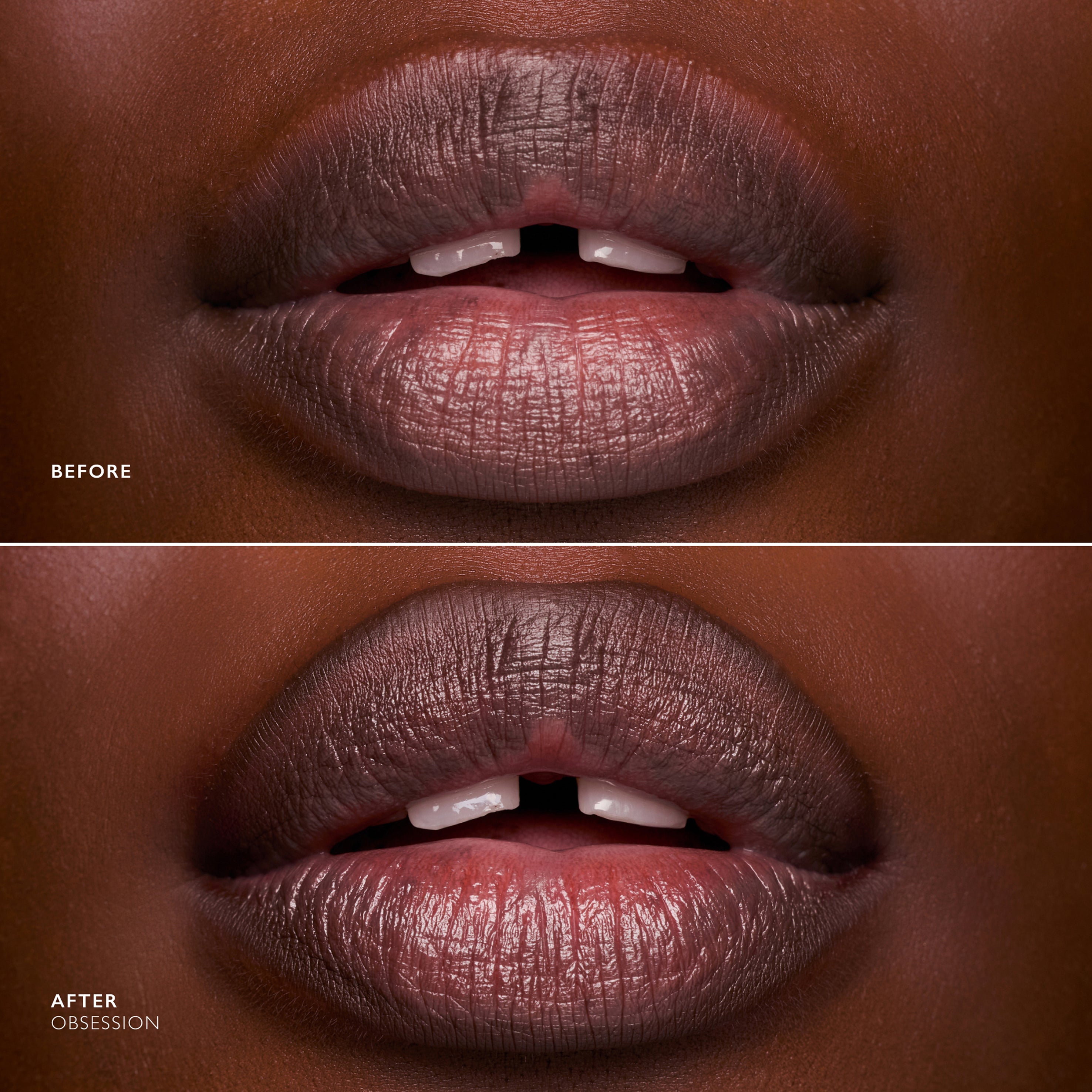 Before and after comparison of lips with a lipstick shade labeled 'Obsession'.
