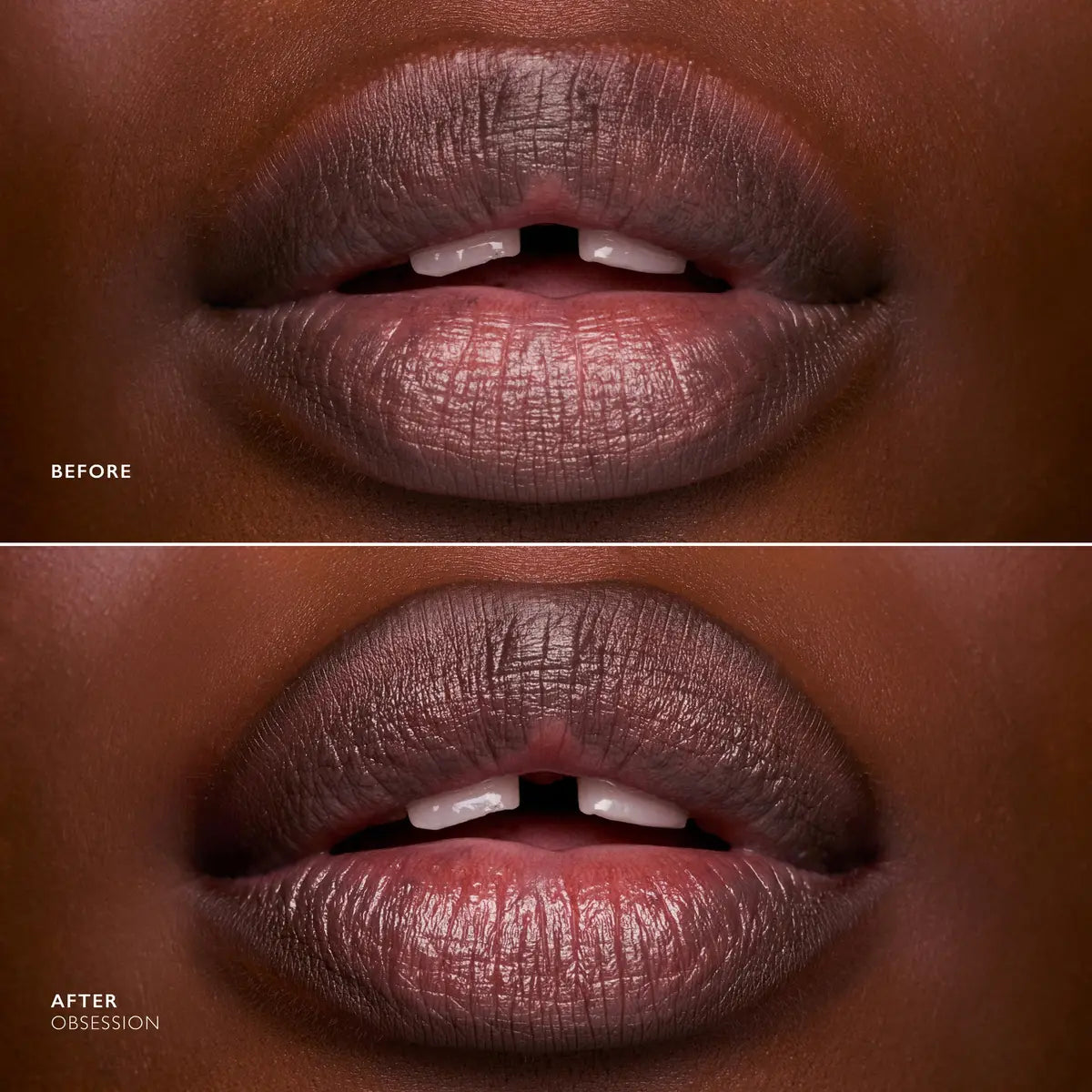 Before and after lip closeup showing Obsession overliner defining and contouring deep-toned lips.