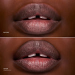 Before and after lip closeup showing Obsession overliner defining and contouring deep-toned lips.