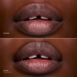 Before and after lip closeup showing Obsession overliner defining and contouring deep-toned lips.