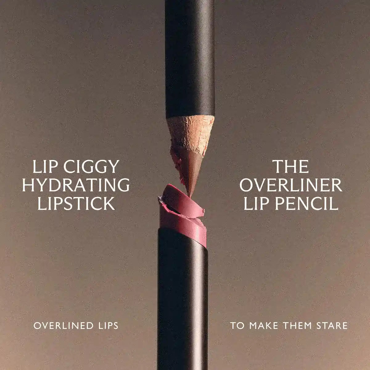 The Overliner nude lip liner pencil tip meeting a Lip Ciggy hydrating lipstick bullet for overlined lips.