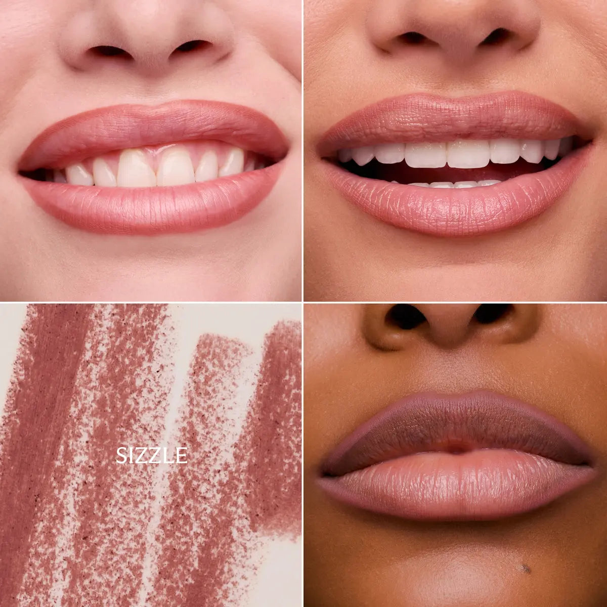 Sizzle lip liner swatch with the nude rose shade worn on three different skin tones.