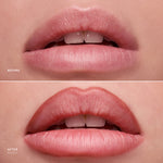 Before and after comparison of lips with a lipstick application.