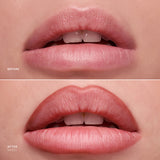 Before and after comparison of lips with a lipstick application.