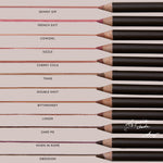 Row of makeup pencils with color swatches on a light background