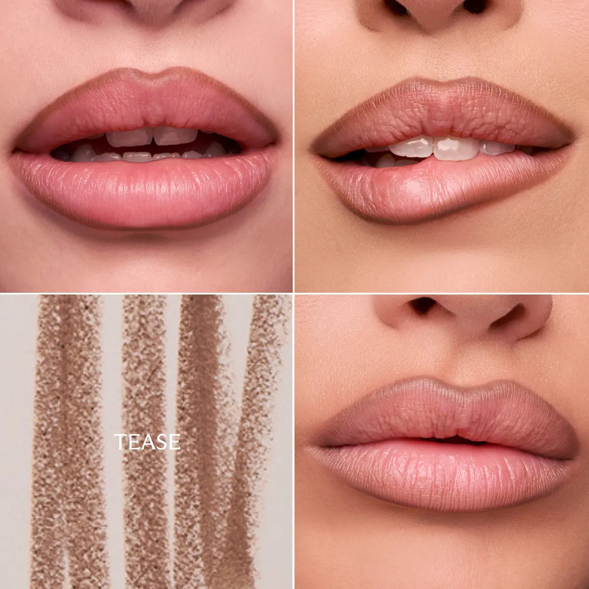 Tease nude lip liner pencil swatches and overlined lips shown across three skin tones.