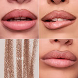 Tease nude lip liner pencil swatches and overlined lips shown across three skin tones.