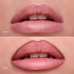 Before and after comparison of lips with a cosmetic product applied.