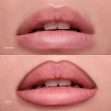 Before and after comparison of lips with a cosmetic product applied.