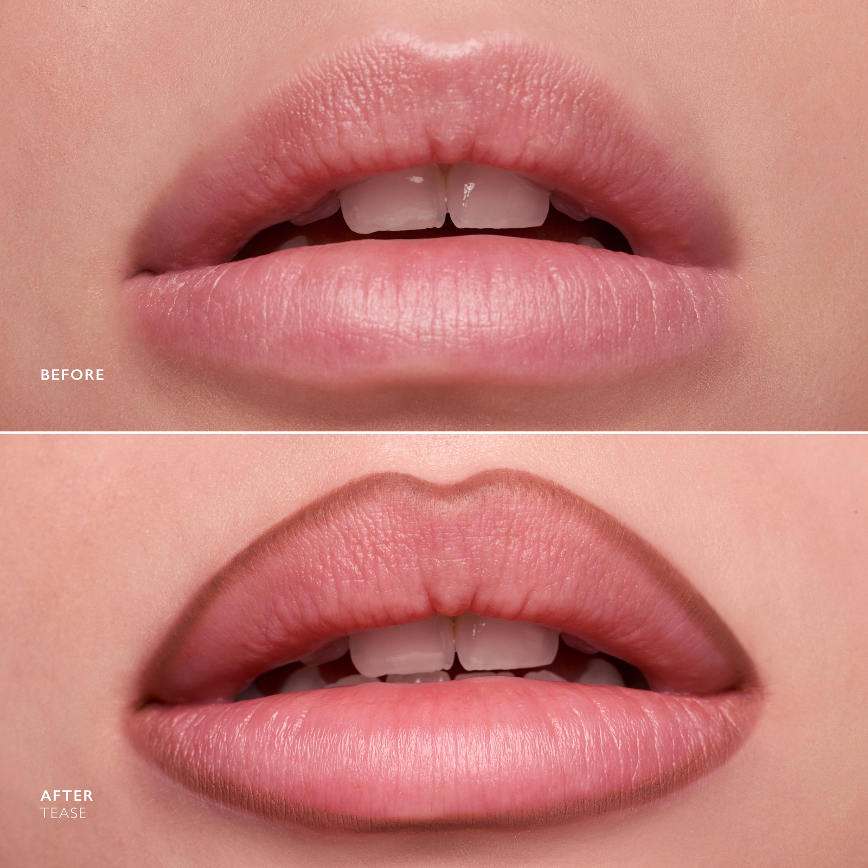 Before and after comparison of lips with a cosmetic product applied.