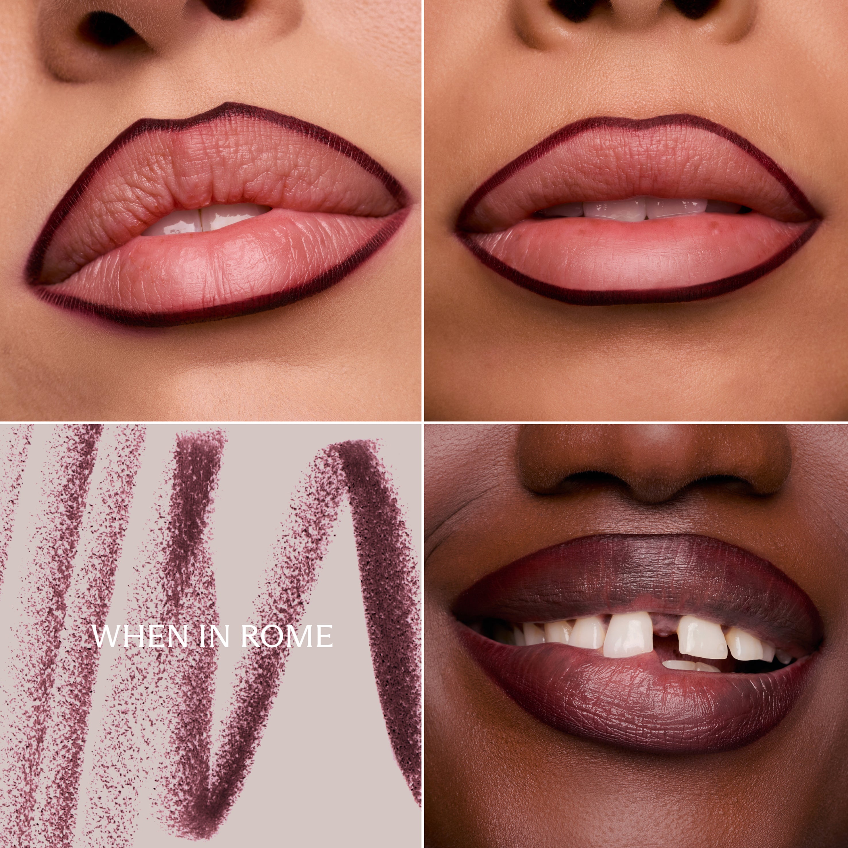 Woman's lips wearing different shades of lipliner with 'WHEN IN ROME' on color swatch.