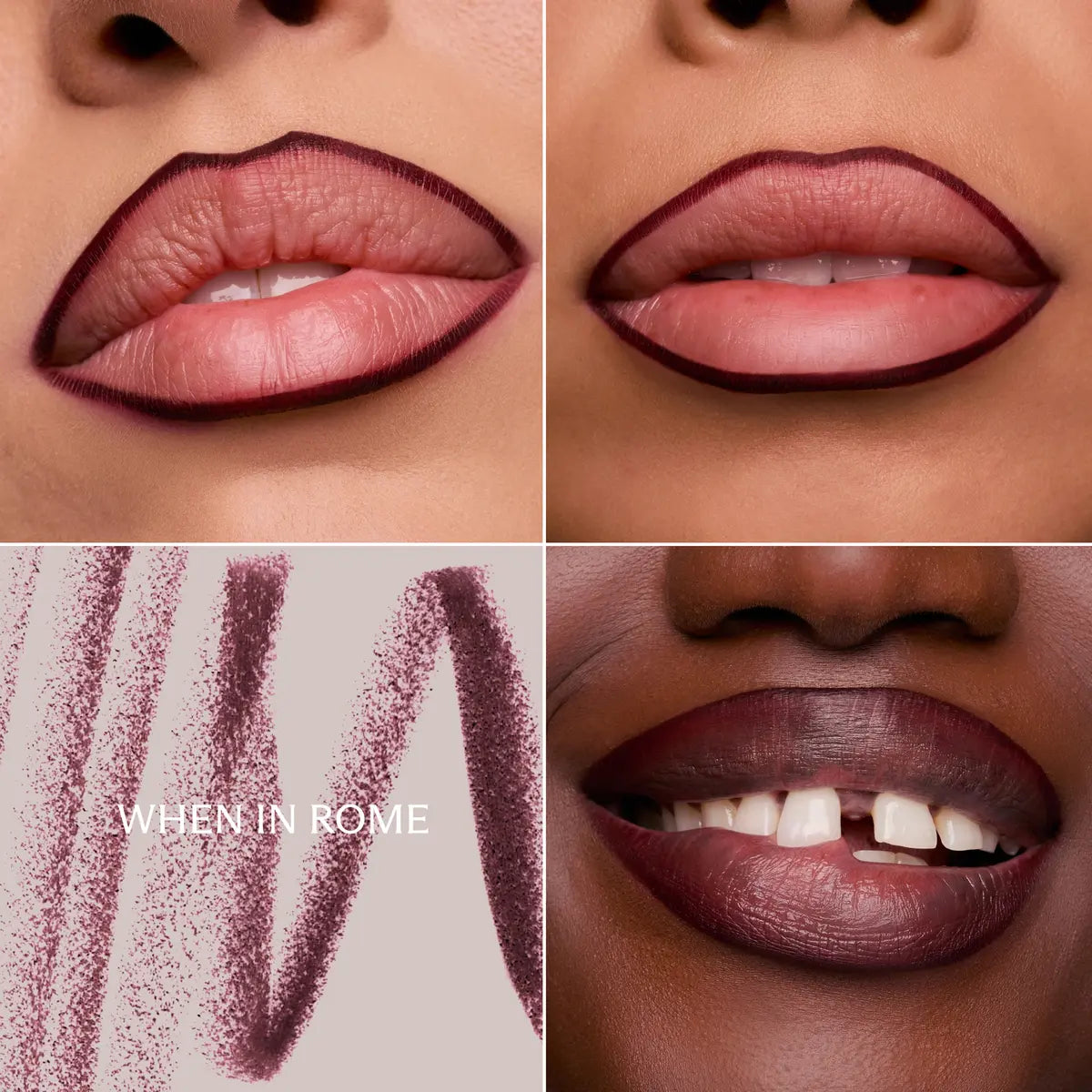 When In Rome lip liner overlining three skin tones, with a deep berry swatch.