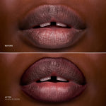 Before and after comparison of a lip color on a dark skin tone.