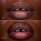 Before and after comparison of a lip color on a dark skin tone.