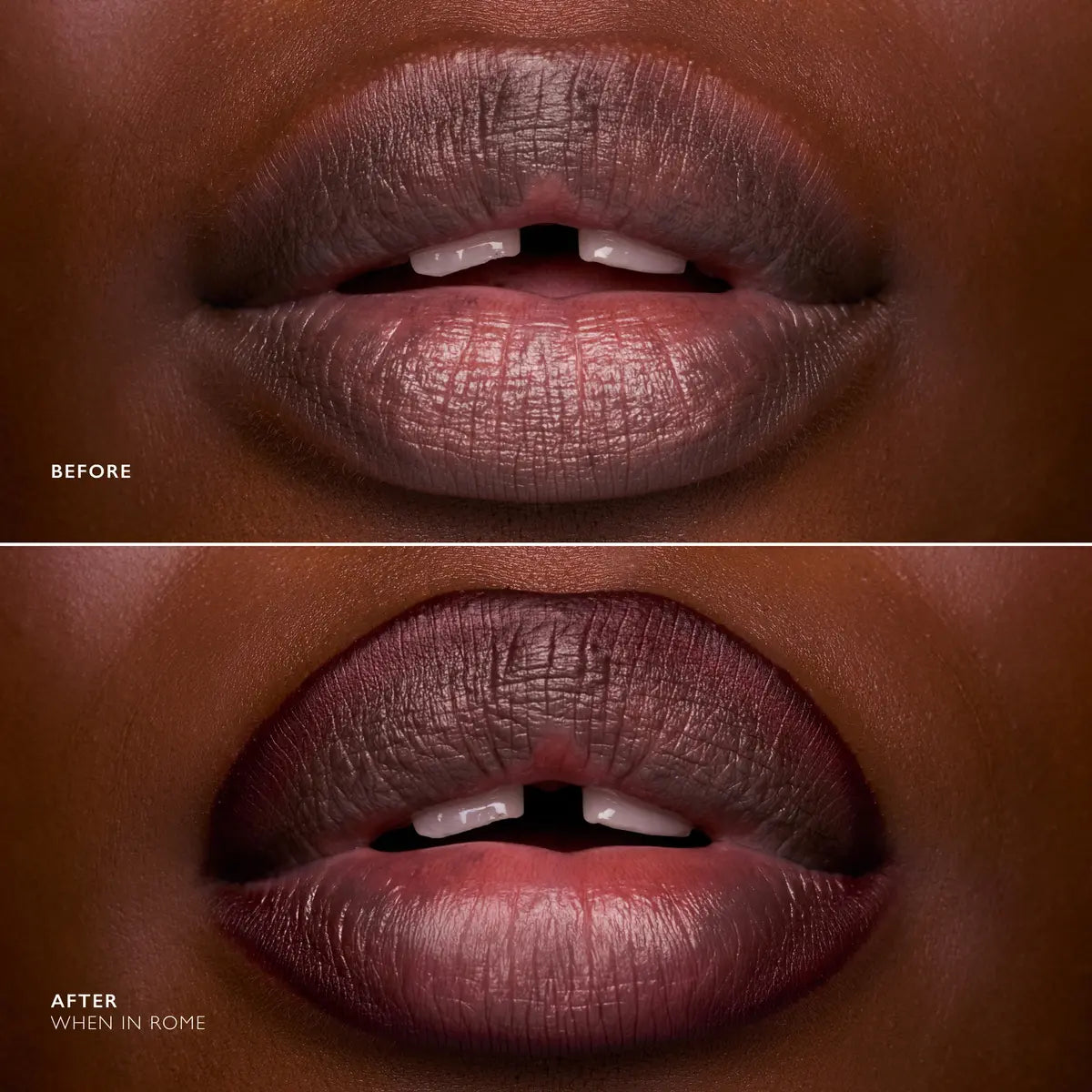 Before and after lip comparison showing the When In Rome nude lip liner pencil defining and contouring lips.