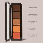Open Deep palette labeling two contours, two highlights, and an orange-red color corrector shade.