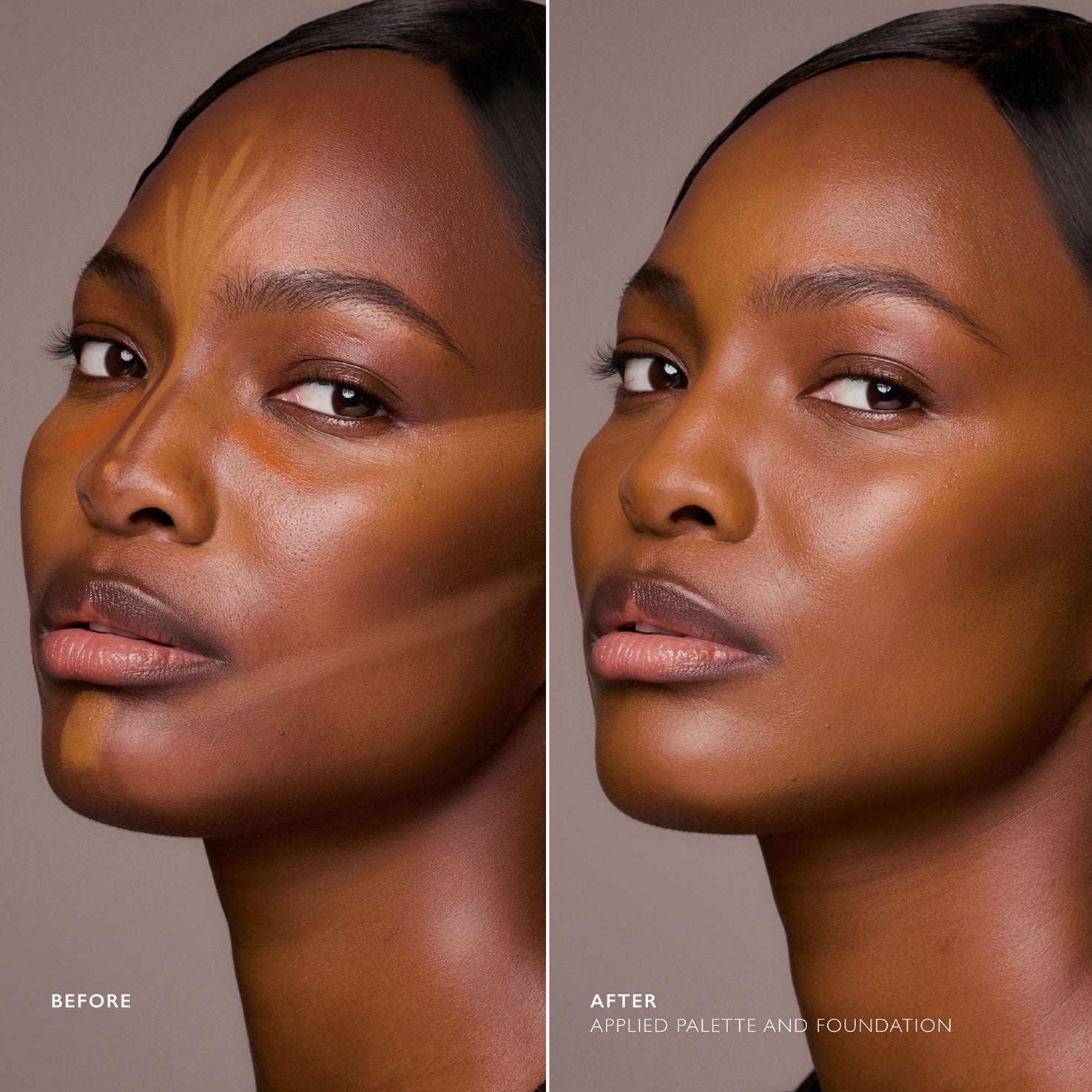 Before and after underpainting technique with deep cream contour palette blended into seamless sculpted skin.