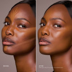 Before and after underpainting technique with deep cream contour palette blended into seamless sculpted skin.