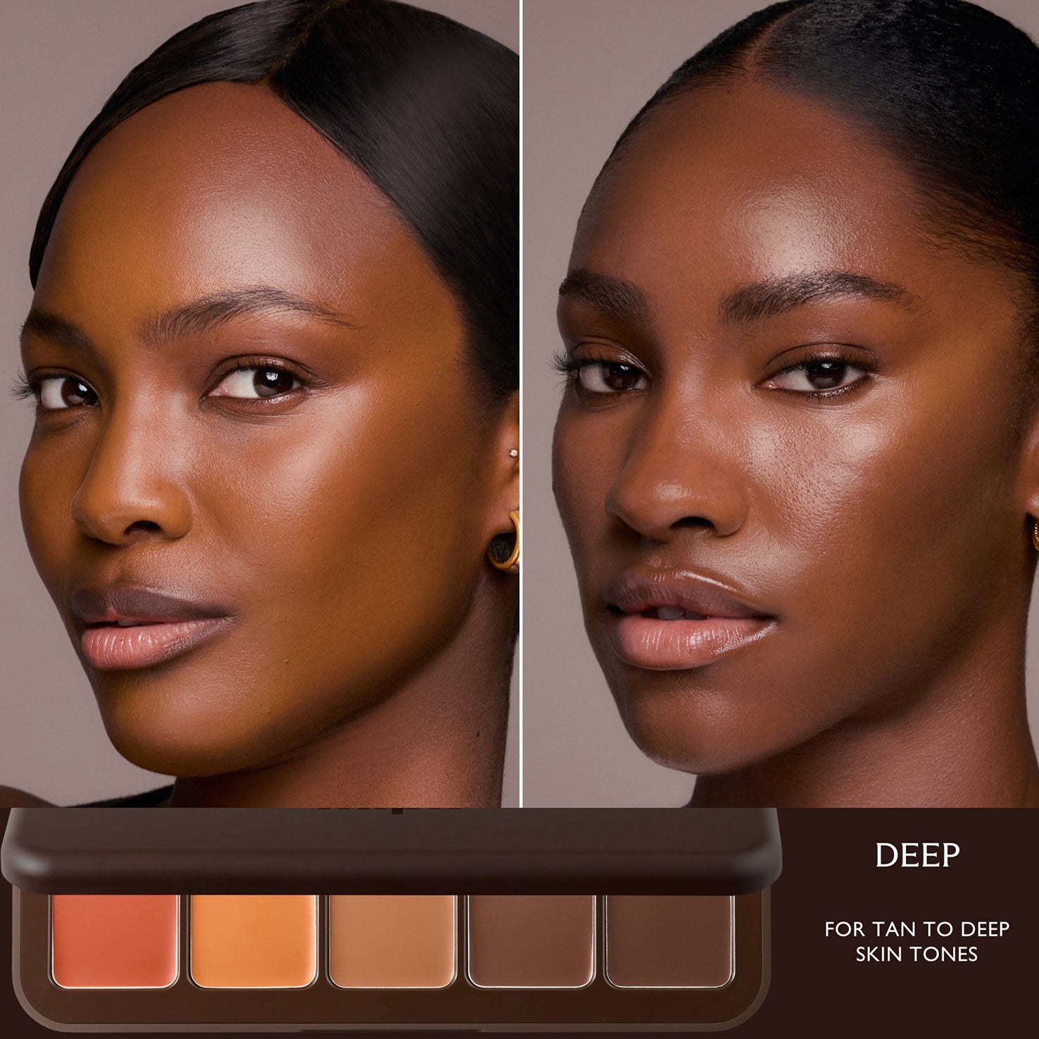 Two deep-skin models wearing Underpainting palette beside five cream shades labeled for tan to deep tones.