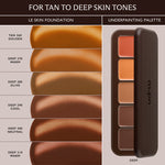 Shade chart pairing Le Skin Foundation tan to deep swatches with the Deep Underpainting Palette.
