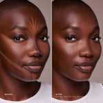 Before and after underpainting contour technique on deep skin using the Deep Rich face palette.